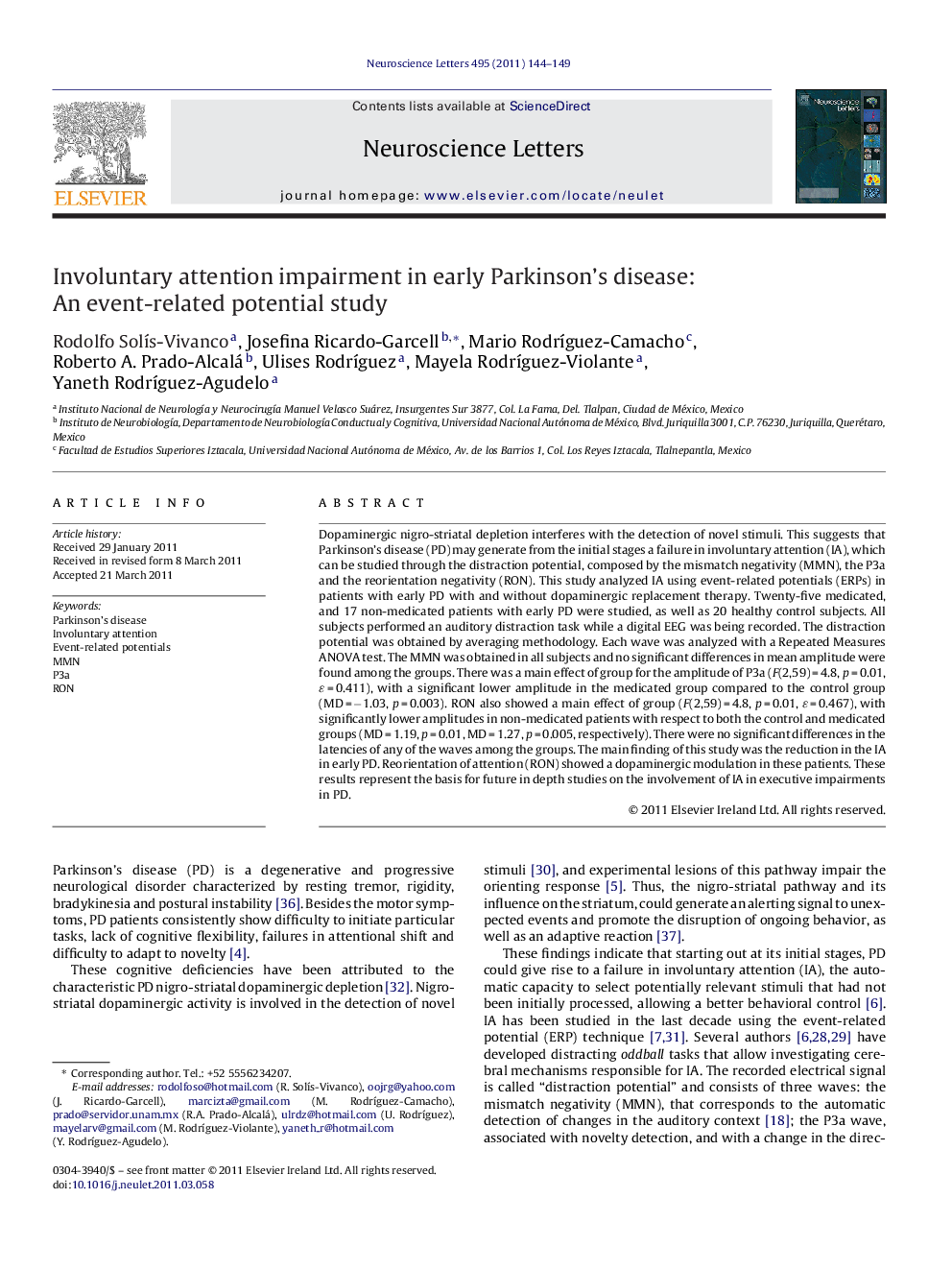 Involuntary attention impairment in early Parkinson's disease: An event-related potential study