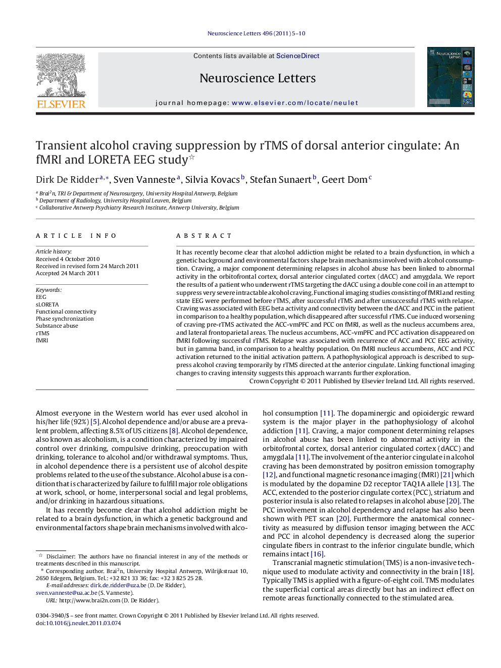 Transient alcohol craving suppression by rTMS of dorsal anterior cingulate: An fMRI and LORETA EEG study 