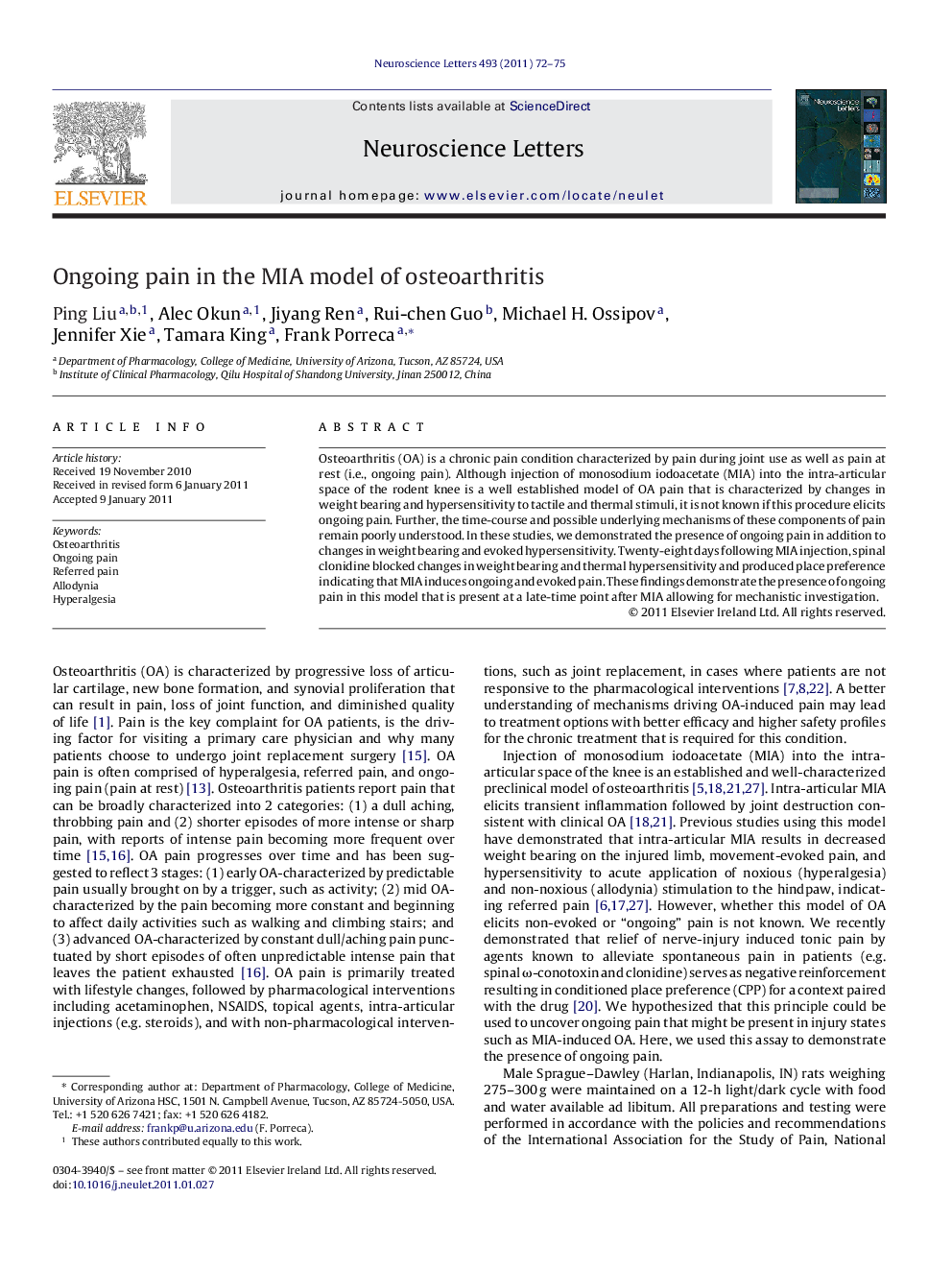 Ongoing pain in the MIA model of osteoarthritis