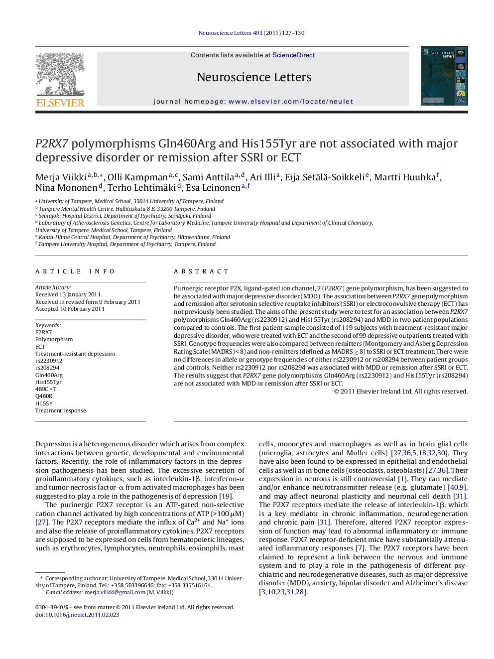 P2RX7 polymorphisms Gln460Arg and His155Tyr are not associated with major depressive disorder or remission after SSRI or ECT