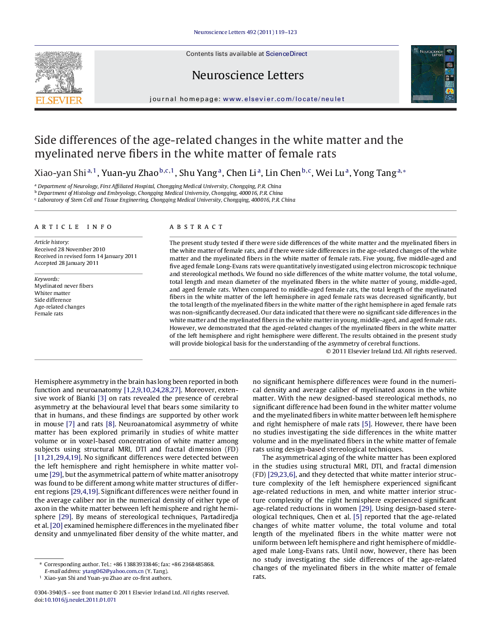 Side differences of the age-related changes in the white matter and the myelinated nerve fibers in the white matter of female rats