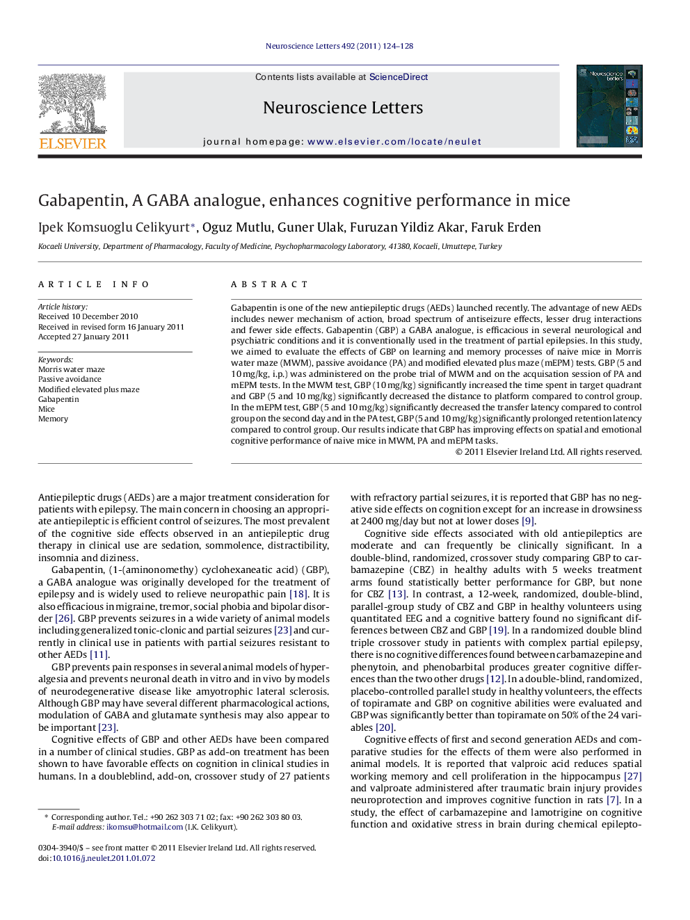 Gabapentin, A GABA analogue, enhances cognitive performance in mice