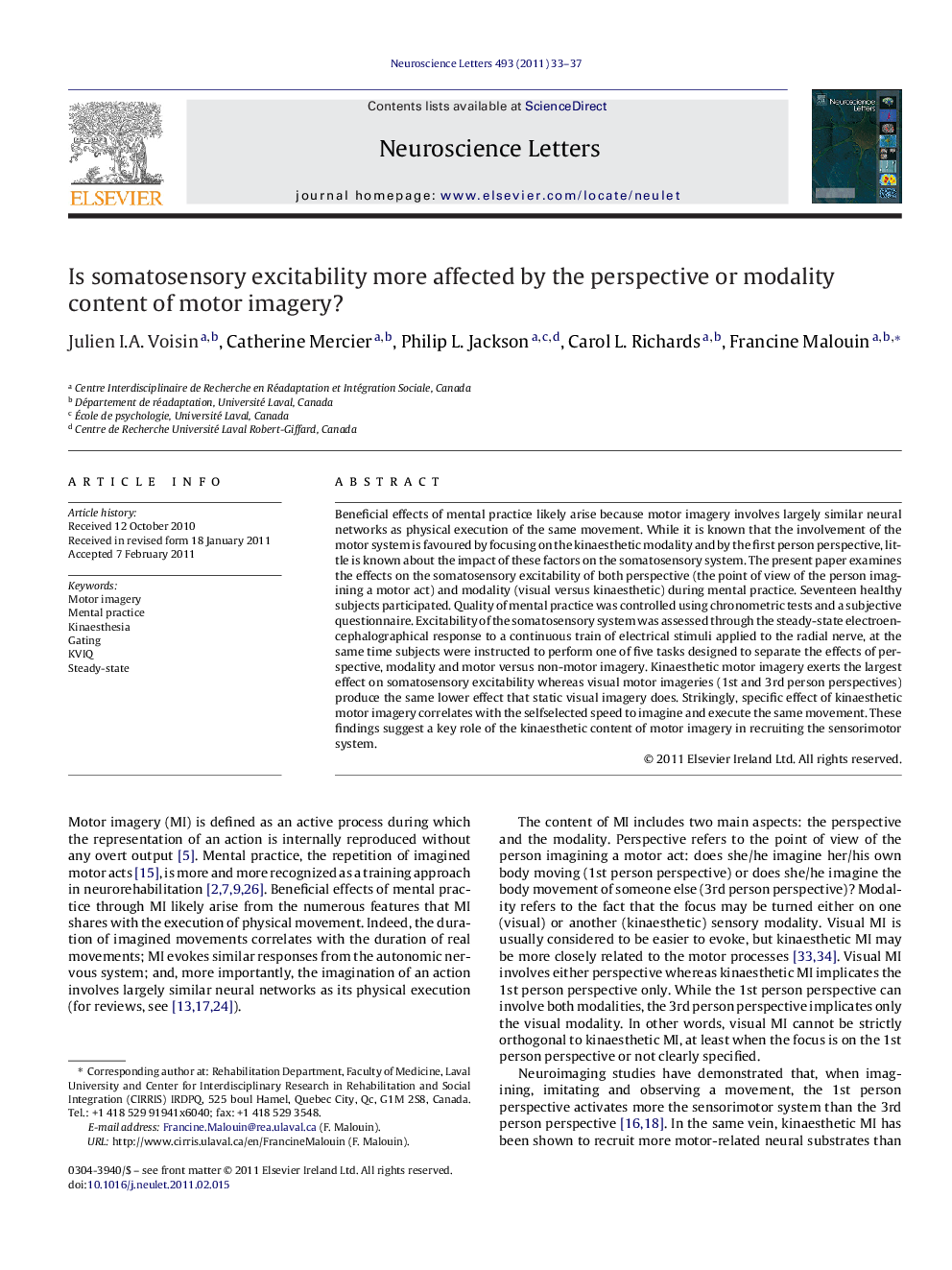 Is somatosensory excitability more affected by the perspective or modality content of motor imagery?