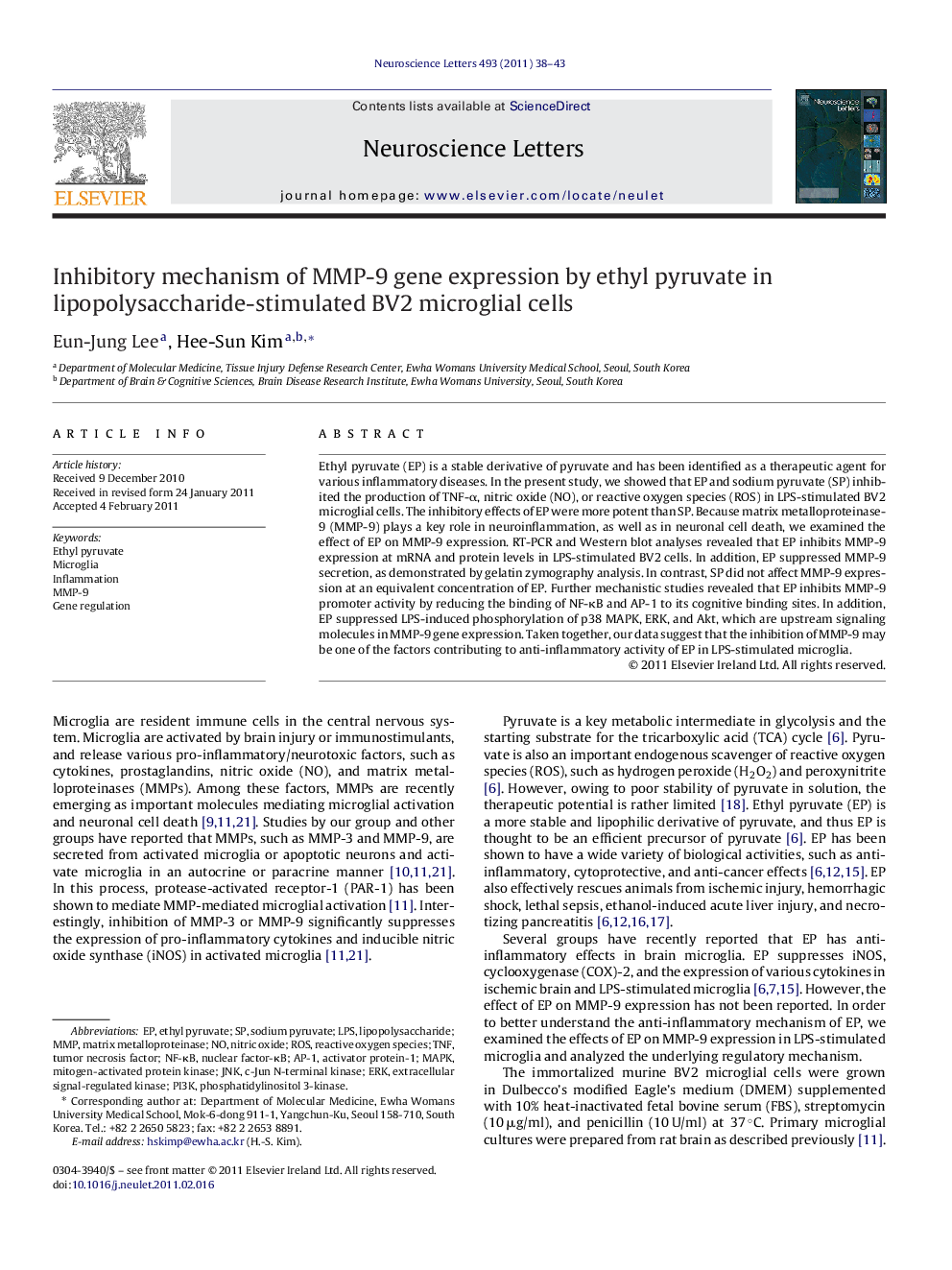 Inhibitory mechanism of MMP-9 gene expression by ethyl pyruvate in lipopolysaccharide-stimulated BV2 microglial cells