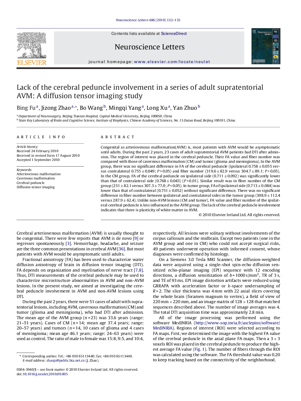 Lack of the cerebral peduncle involvement in a series of adult supratentorial AVM: A diffusion tensor imaging study