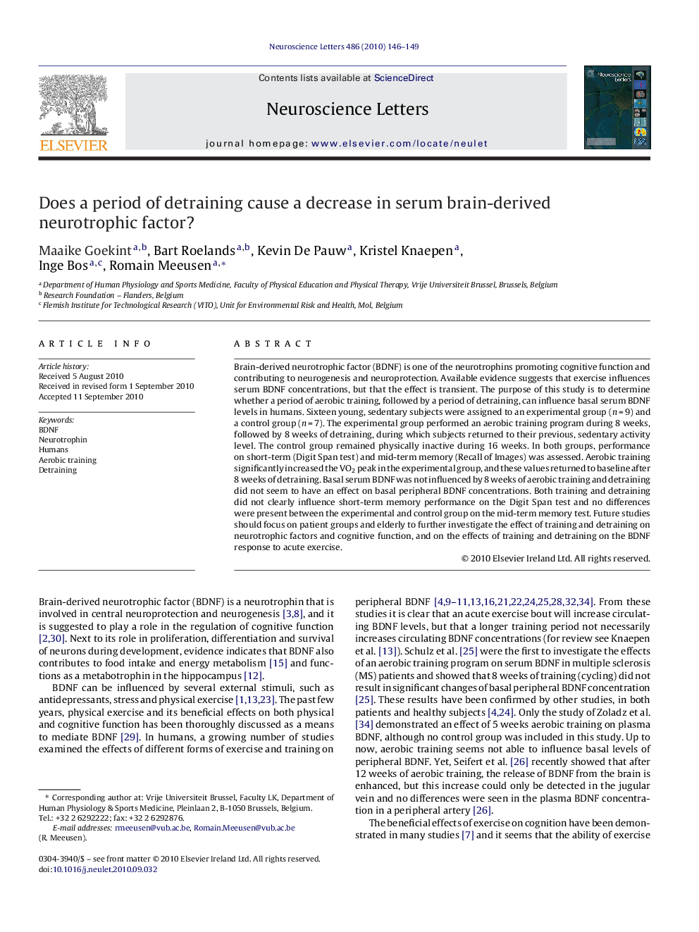 Does a period of detraining cause a decrease in serum brain-derived neurotrophic factor?