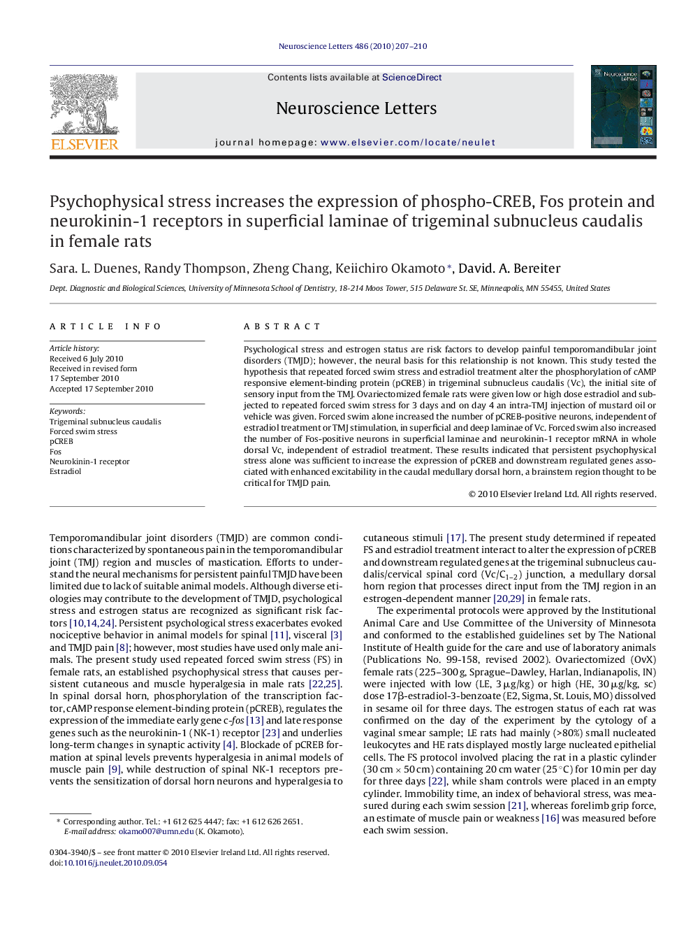 Psychophysical stress increases the expression of phospho-CREB, Fos protein and neurokinin-1 receptors in superficial laminae of trigeminal subnucleus caudalis in female rats