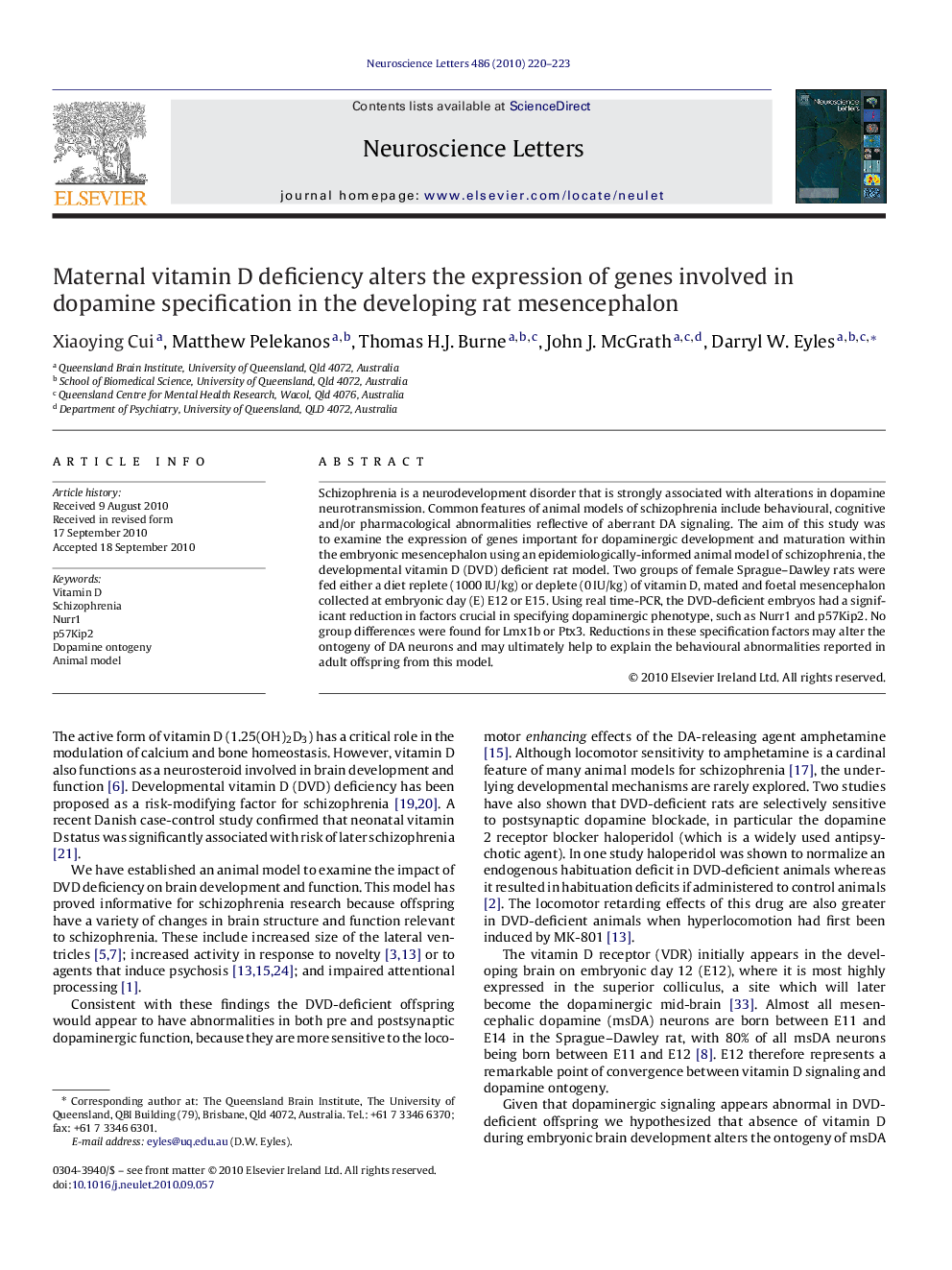 Maternal vitamin D deficiency alters the expression of genes involved in dopamine specification in the developing rat mesencephalon