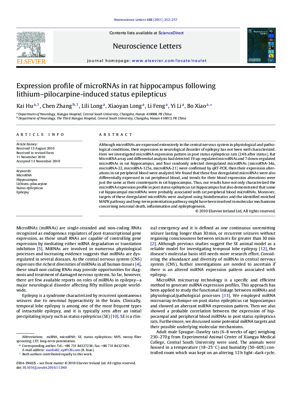 Expression profile of microRNAs in rat hippocampus following lithium–pilocarpine-induced status epilepticus