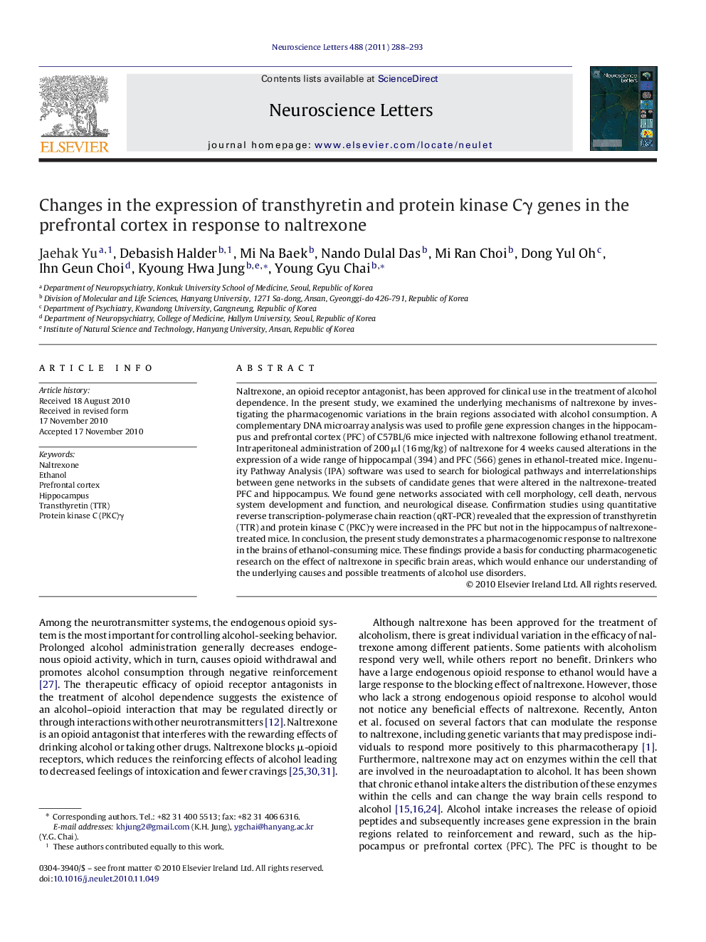 Changes in the expression of transthyretin and protein kinase Cγ genes in the prefrontal cortex in response to naltrexone