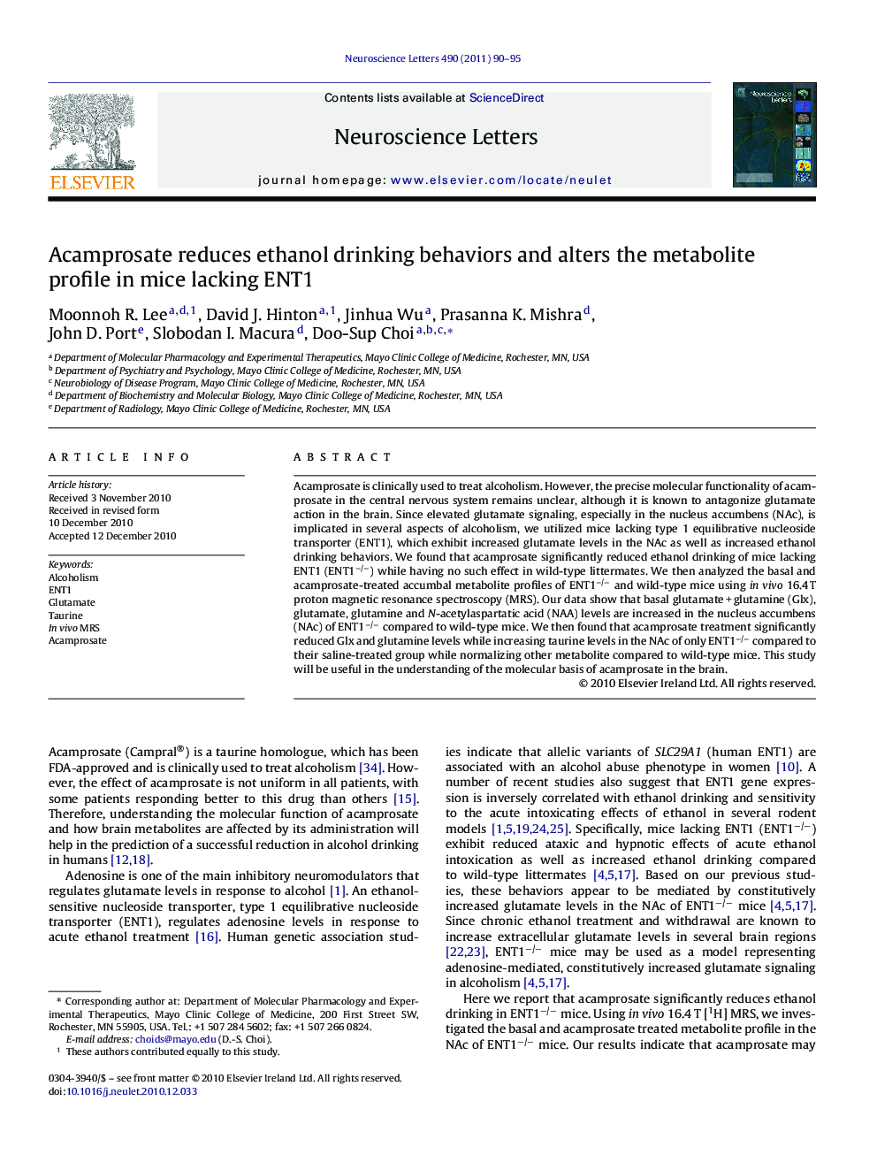 Acamprosate reduces ethanol drinking behaviors and alters the metabolite profile in mice lacking ENT1