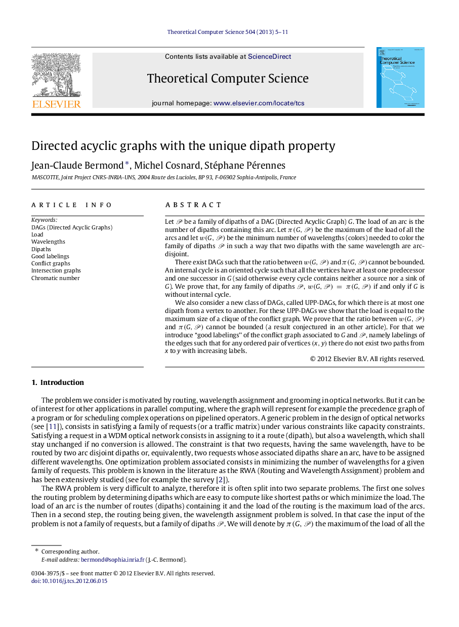 عکس صفحه اول مقاله: Directed acyclic graphs with the unique dipath property Directed acyclic graphs with the unique dipath property