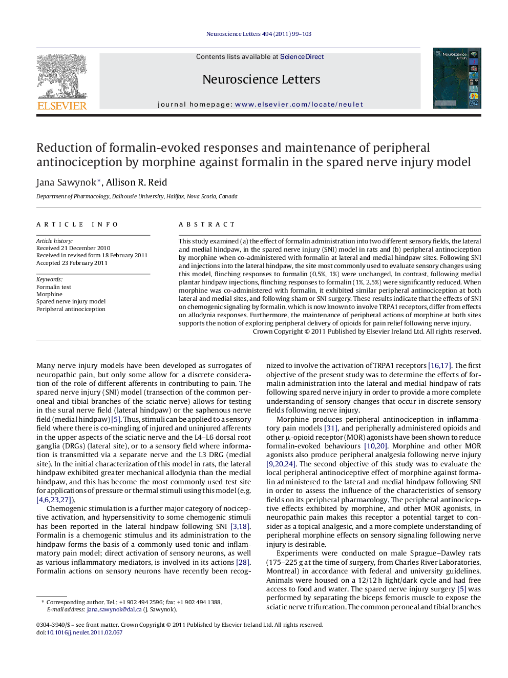 Reduction of formalin-evoked responses and maintenance of peripheral antinociception by morphine against formalin in the spared nerve injury model