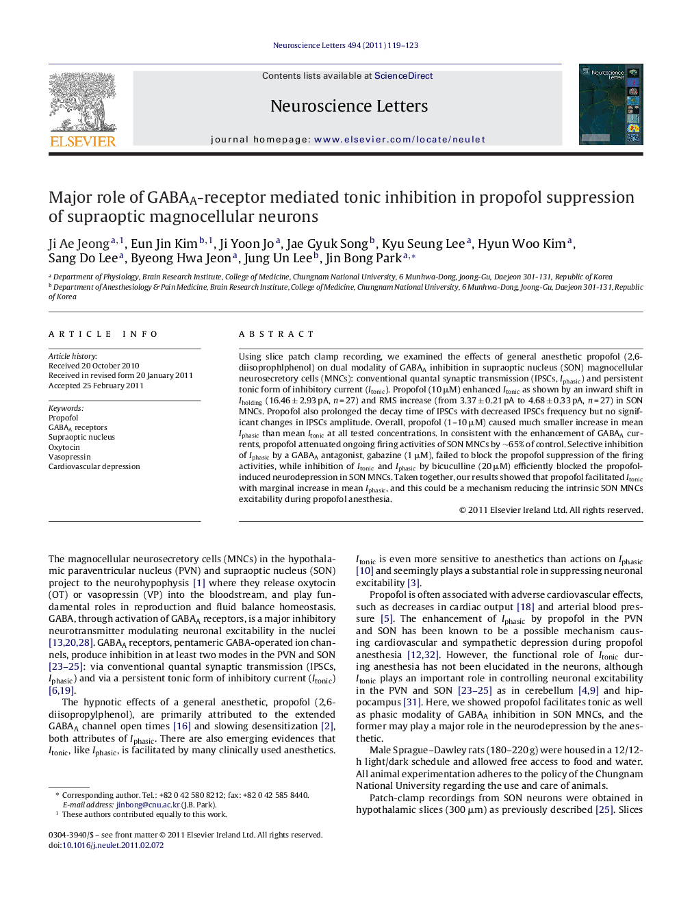 Major role of GABAA-receptor mediated tonic inhibition in propofol suppression of supraoptic magnocellular neurons