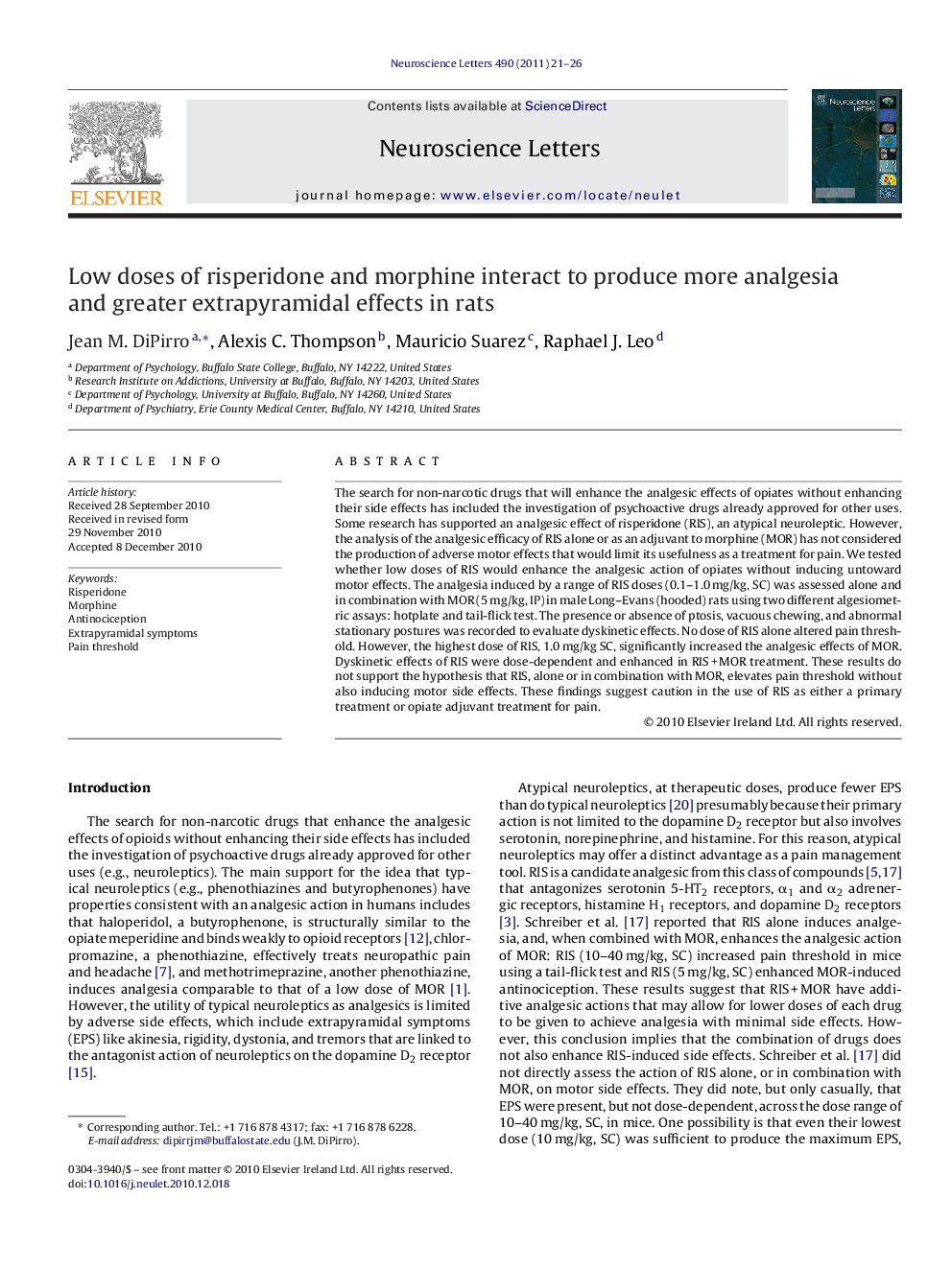 Low doses of risperidone and morphine interact to produce more analgesia and greater extrapyramidal effects in rats