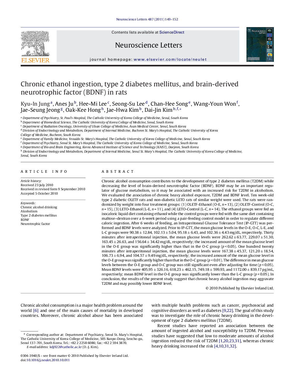 Chronic ethanol ingestion, type 2 diabetes mellitus, and brain-derived neurotrophic factor (BDNF) in rats