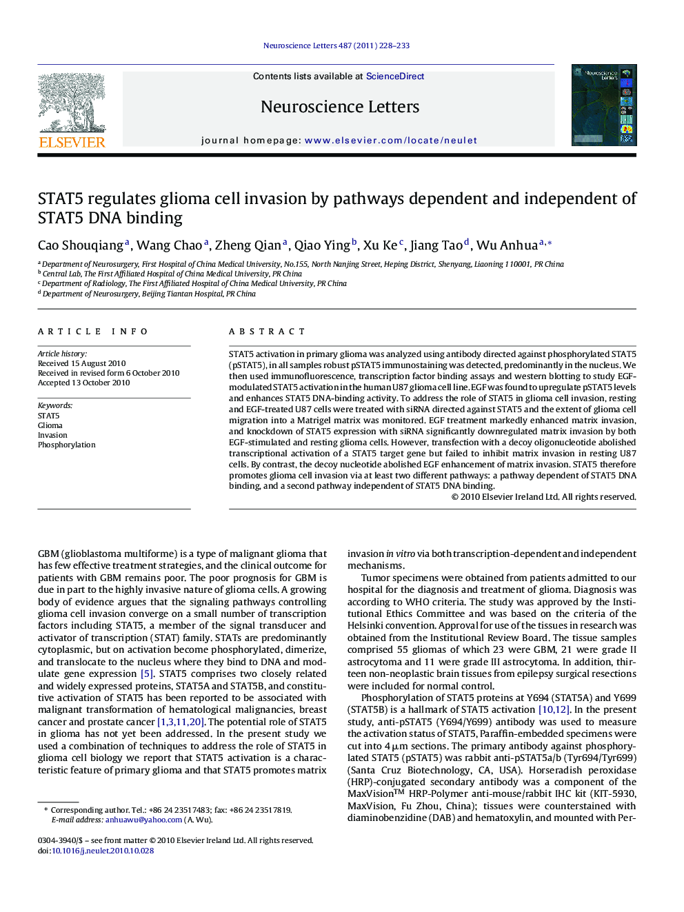 STAT5 regulates glioma cell invasion by pathways dependent and independent of STAT5 DNA binding