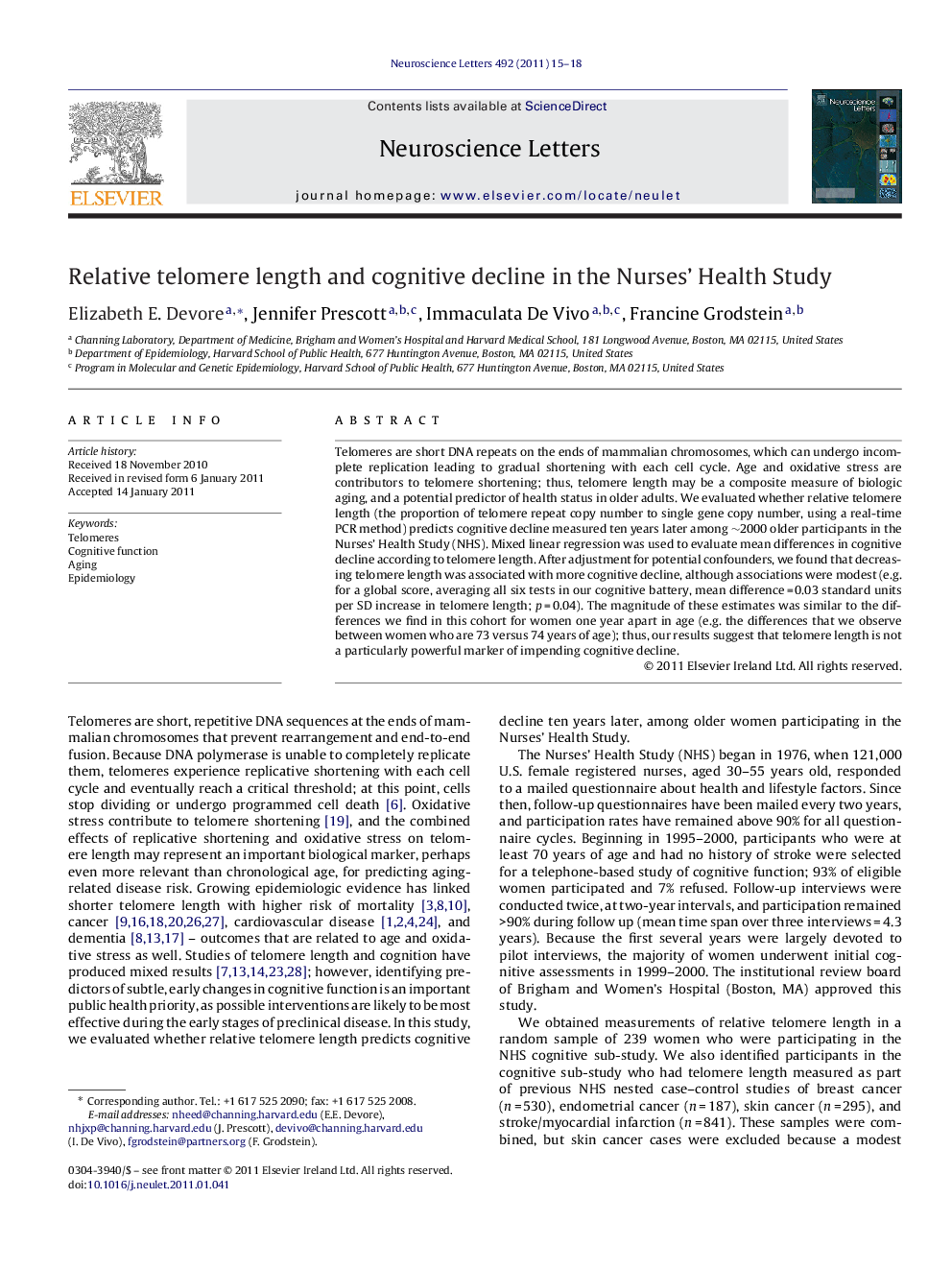 Relative telomere length and cognitive decline in the Nurses’ Health Study