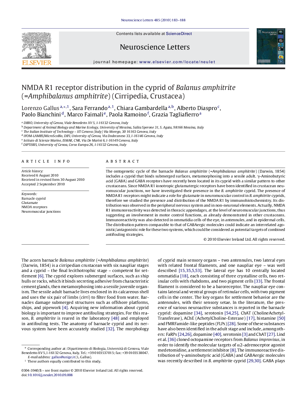 NMDA R1 receptor distribution in the cyprid of Balanus amphitrite (=Amphibalanus amphitrite) (Cirripedia, Crustacea)