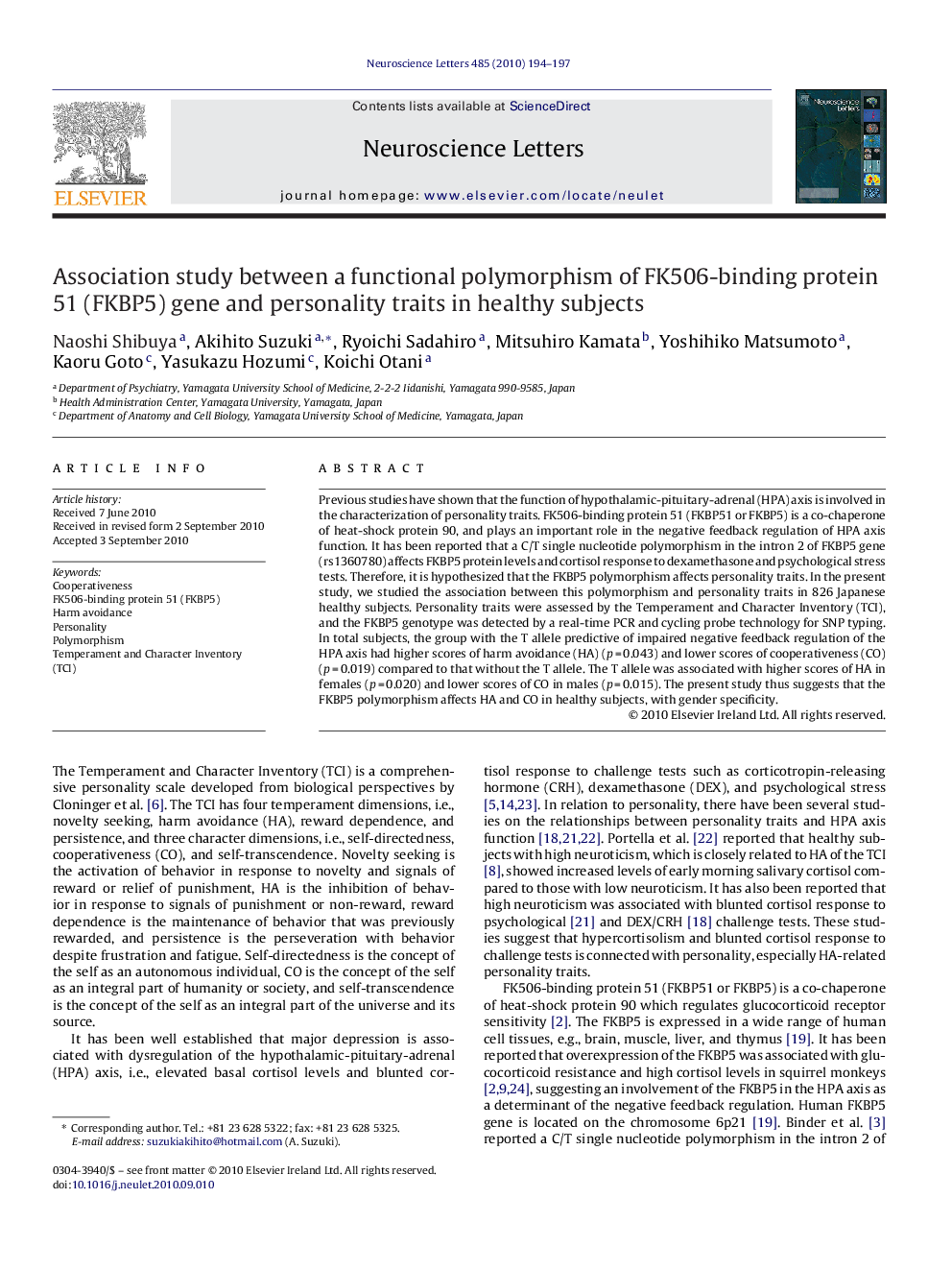 Association study between a functional polymorphism of FK506-binding protein 51 (FKBP5) gene and personality traits in healthy subjects