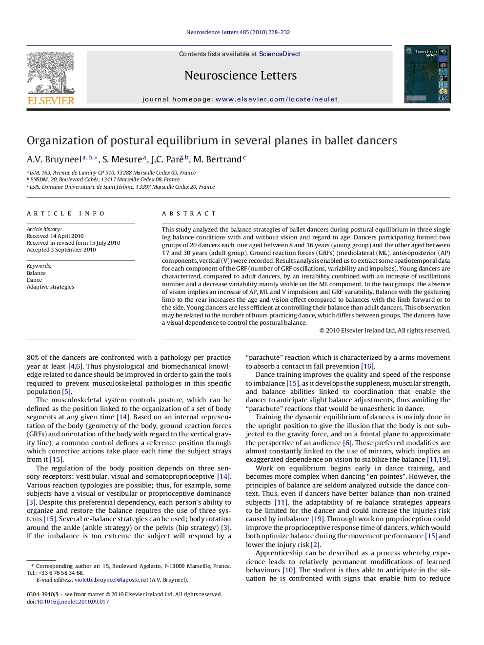 Organization of postural equilibrium in several planes in ballet dancers