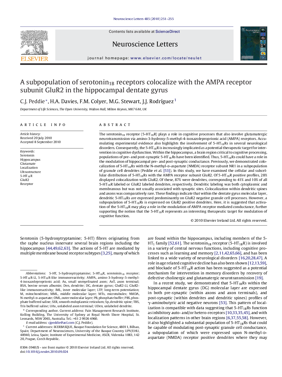 A subpopulation of serotonin1B receptors colocalize with the AMPA receptor subunit GluR2 in the hippocampal dentate gyrus