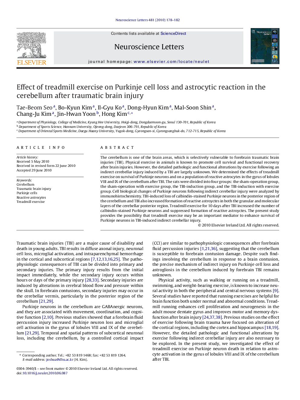 Effect of treadmill exercise on Purkinje cell loss and astrocytic reaction in the cerebellum after traumatic brain injury