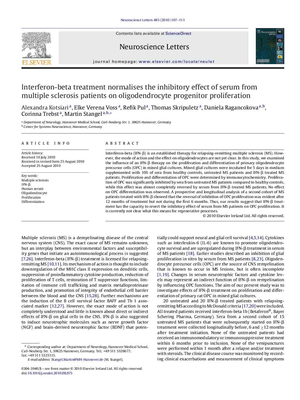 Interferon-beta treatment normalises the inhibitory effect of serum from multiple sclerosis patients on oligodendrocyte progenitor proliferation