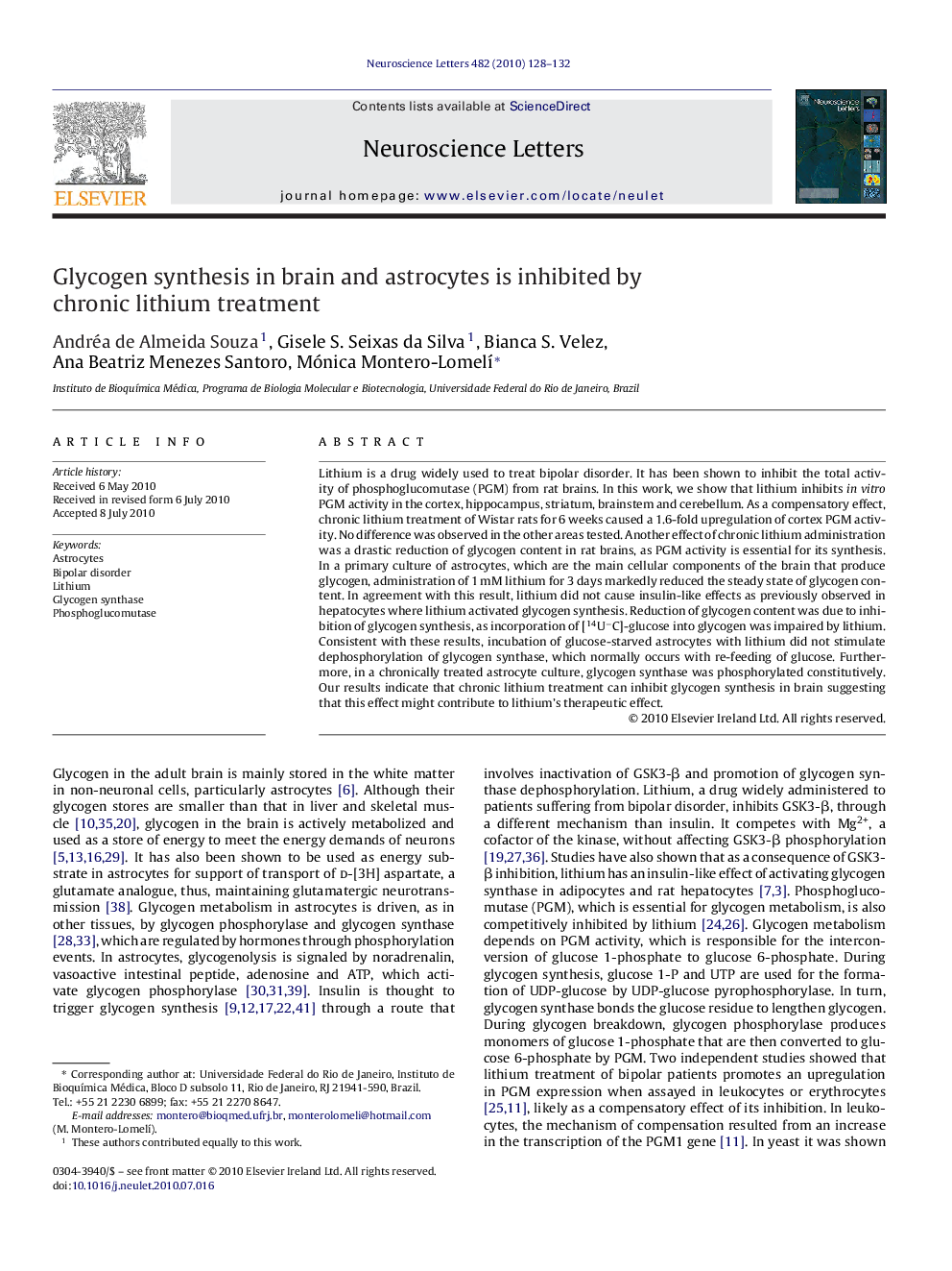 Glycogen synthesis in brain and astrocytes is inhibited by chronic lithium treatment