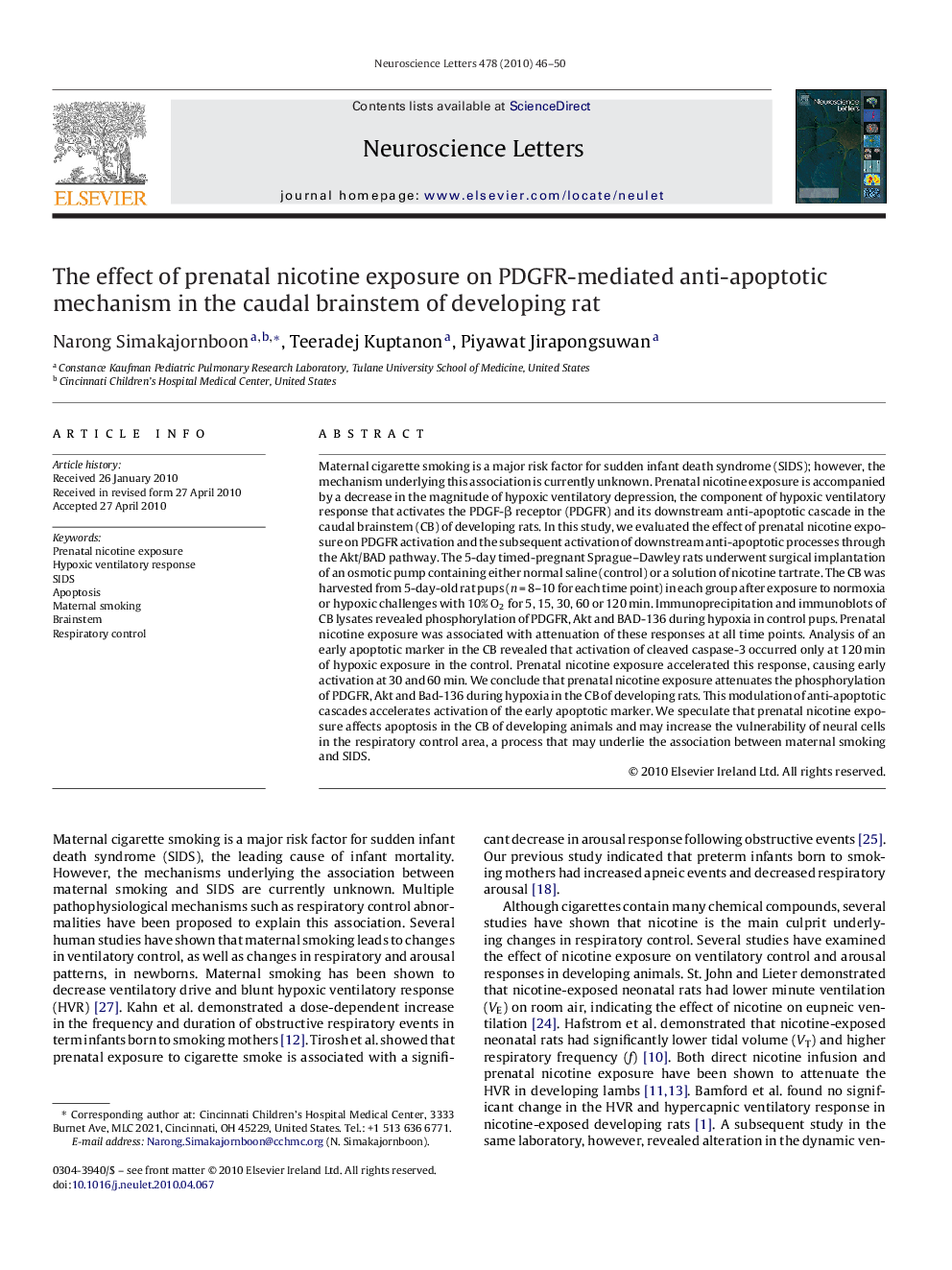 The effect of prenatal nicotine exposure on PDGFR-mediated anti-apoptotic mechanism in the caudal brainstem of developing rat