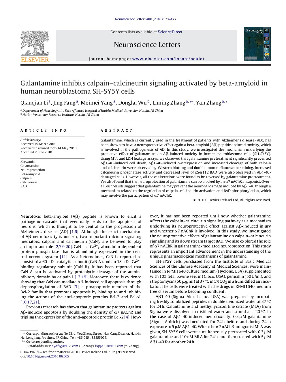 Galantamine inhibits calpain-calcineurin signaling activated by beta-amyloid in human neuroblastoma SH-SY5Y cells