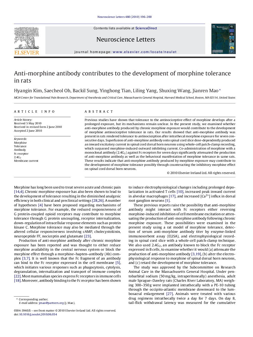 Anti-morphine antibody contributes to the development of morphine tolerance in rats