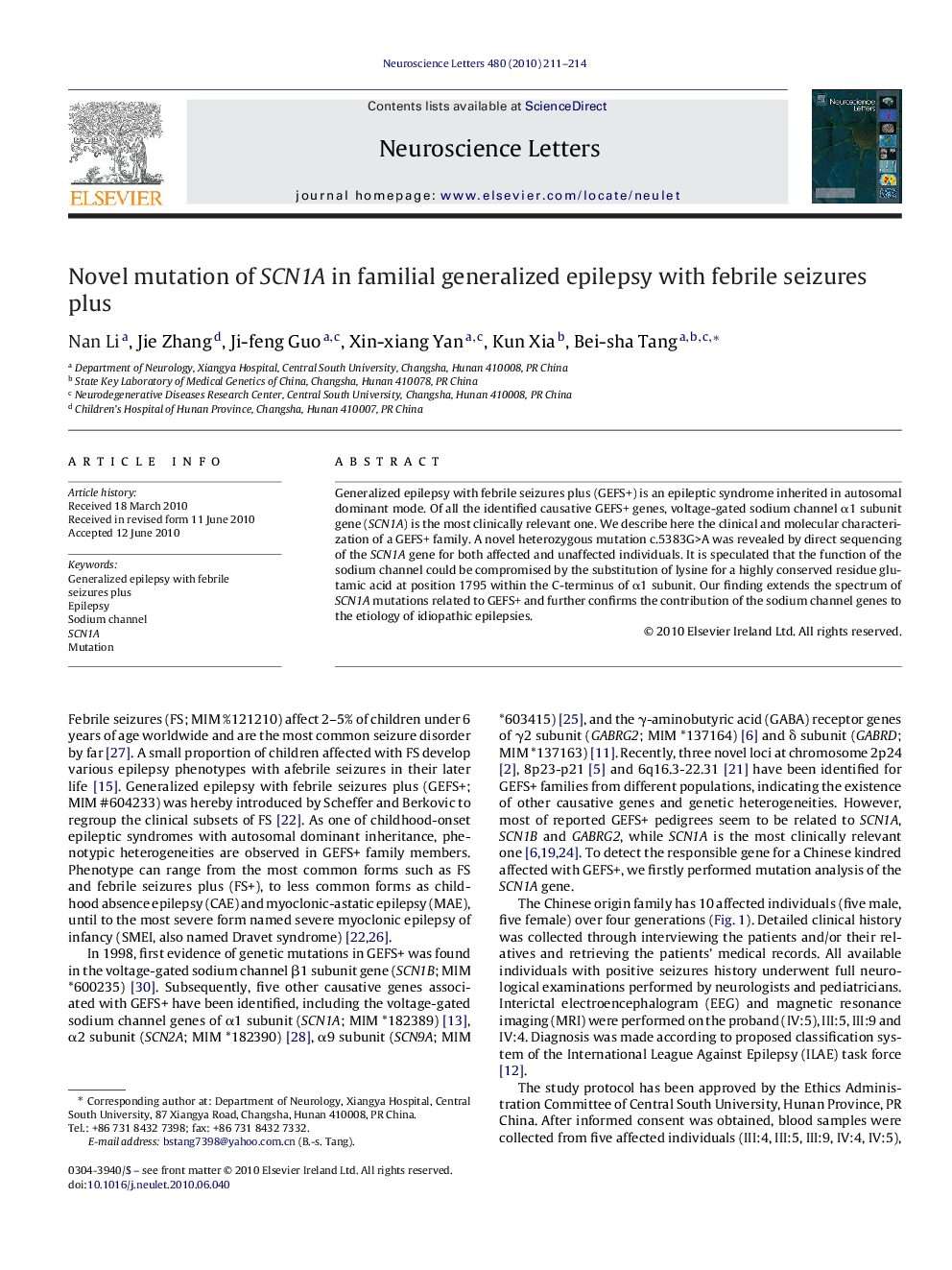 Novel mutation of SCN1A in familial generalized epilepsy with febrile seizures plus