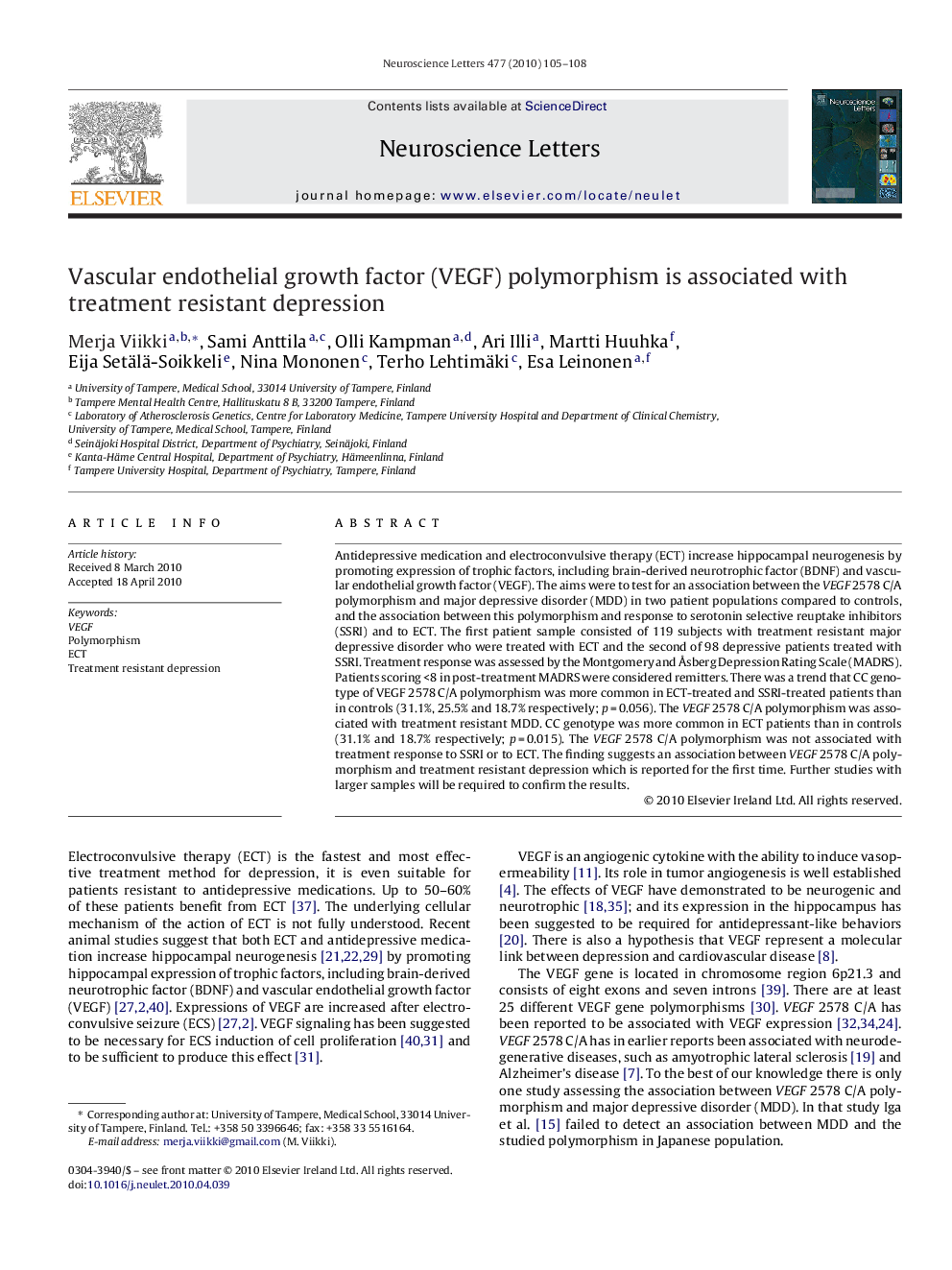 Vascular endothelial growth factor (VEGF) polymorphism is associated with treatment resistant depression