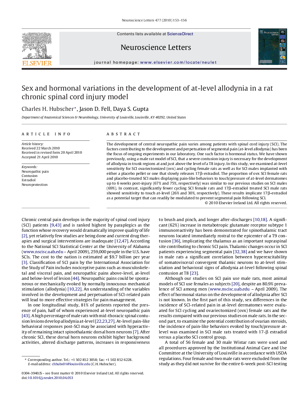 Sex and hormonal variations in the development of at-level allodynia in a rat chronic spinal cord injury model