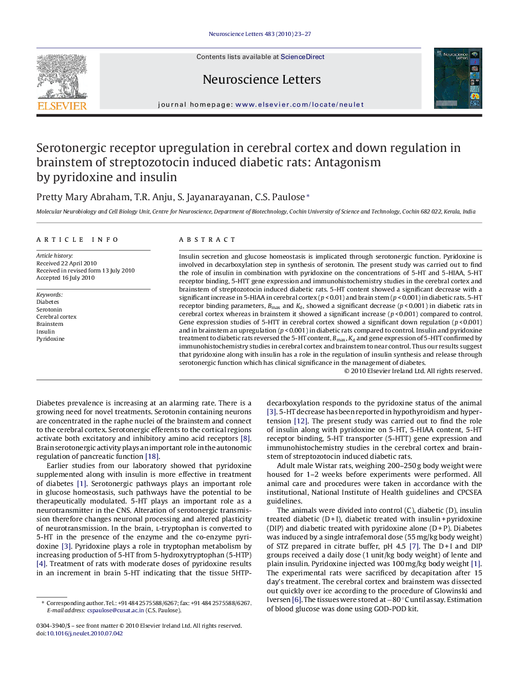 Serotonergic receptor upregulation in cerebral cortex and down regulation in brainstem of streptozotocin induced diabetic rats: Antagonism by pyridoxine and insulin