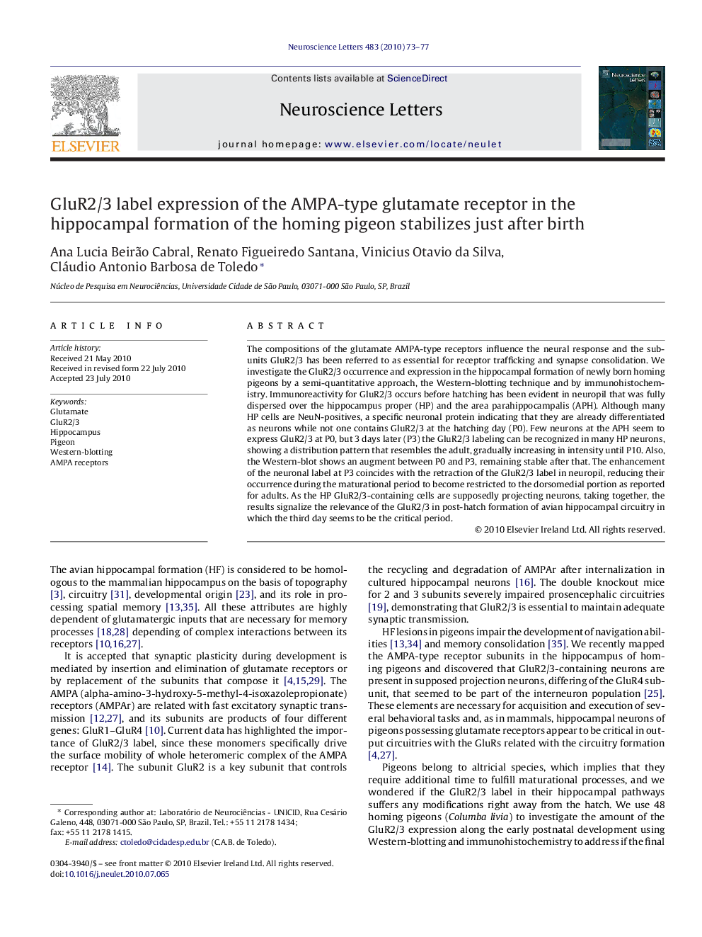 GluR2/3 label expression of the AMPA-type glutamate receptor in the hippocampal formation of the homing pigeon stabilizes just after birth