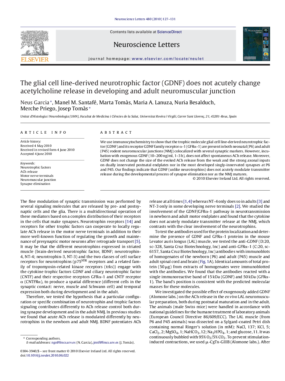 The glial cell line-derived neurotrophic factor (GDNF) does not acutely change acetylcholine release in developing and adult neuromuscular junction