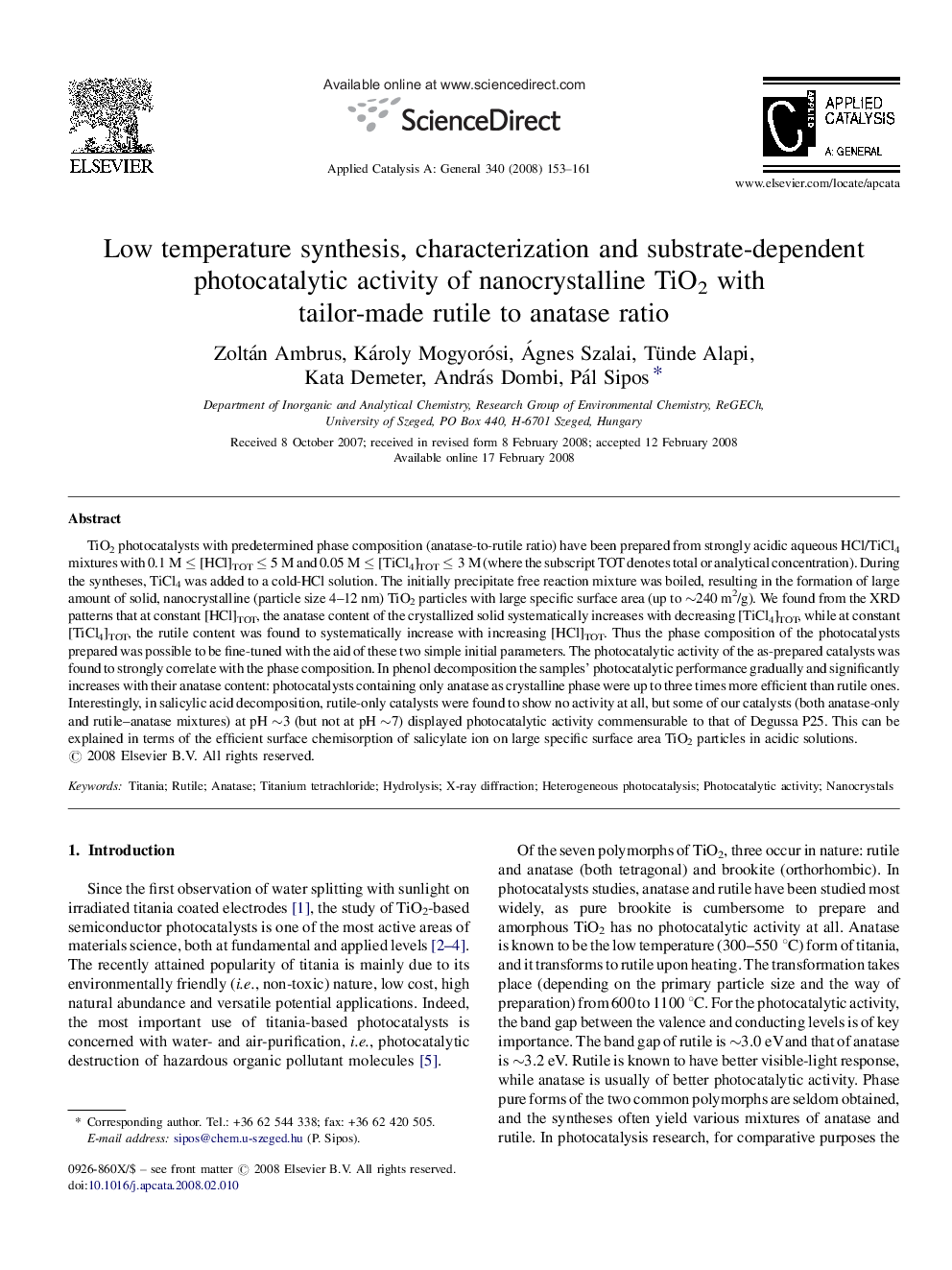 Low temperature synthesis, characterization and substrate-dependent photocatalytic activity of nanocrystalline TiO2 with tailor-made rutile to anatase ratio