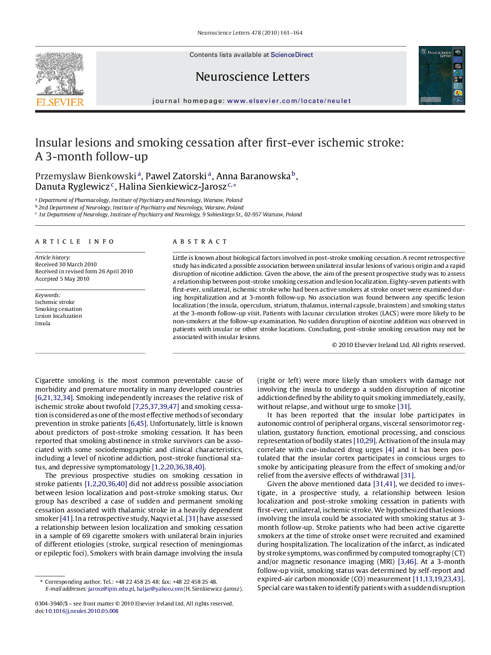 Insular lesions and smoking cessation after first-ever ischemic stroke: A 3-month follow-up