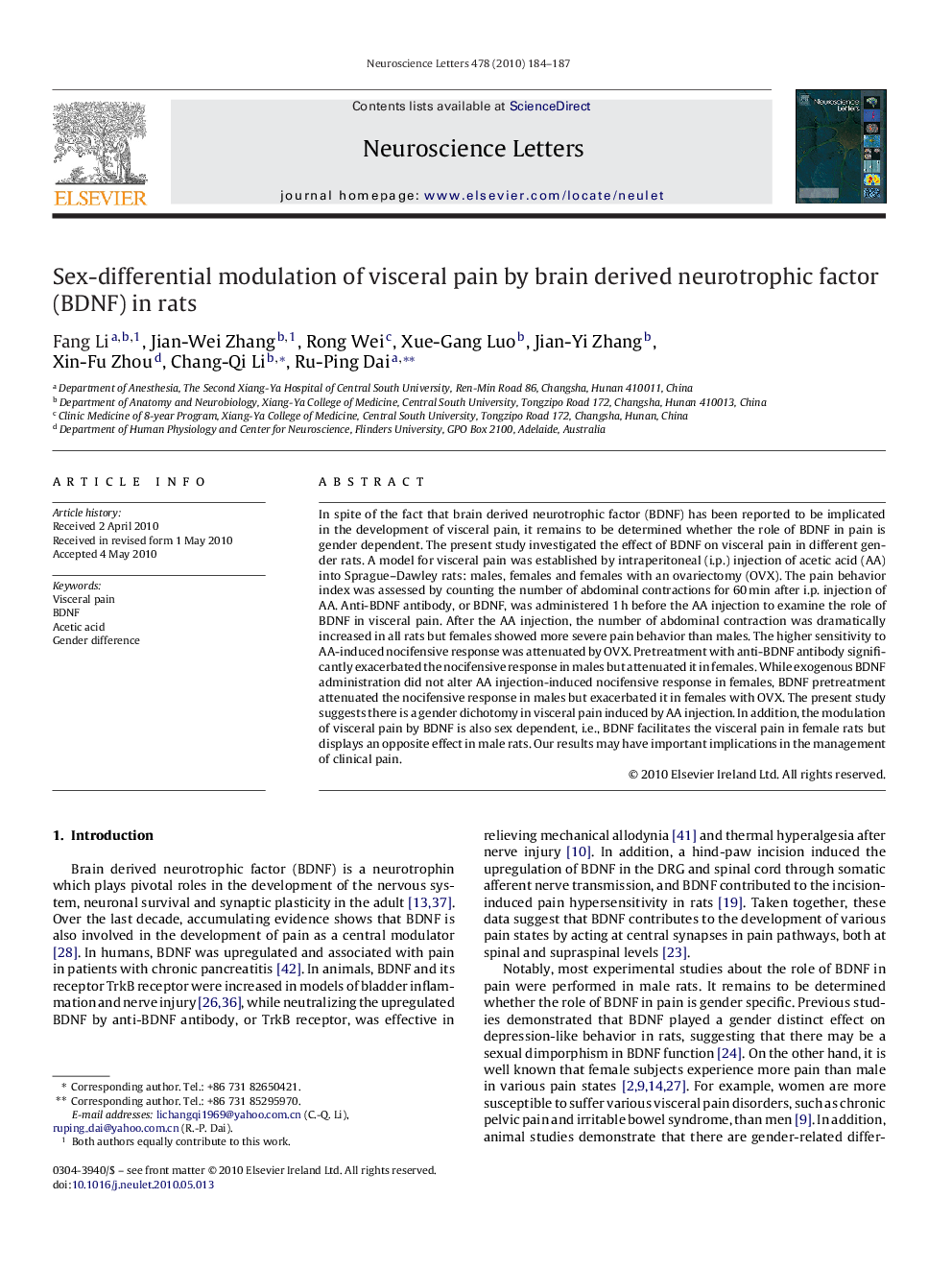 Sex-differential modulation of visceral pain by brain derived neurotrophic factor (BDNF) in rats