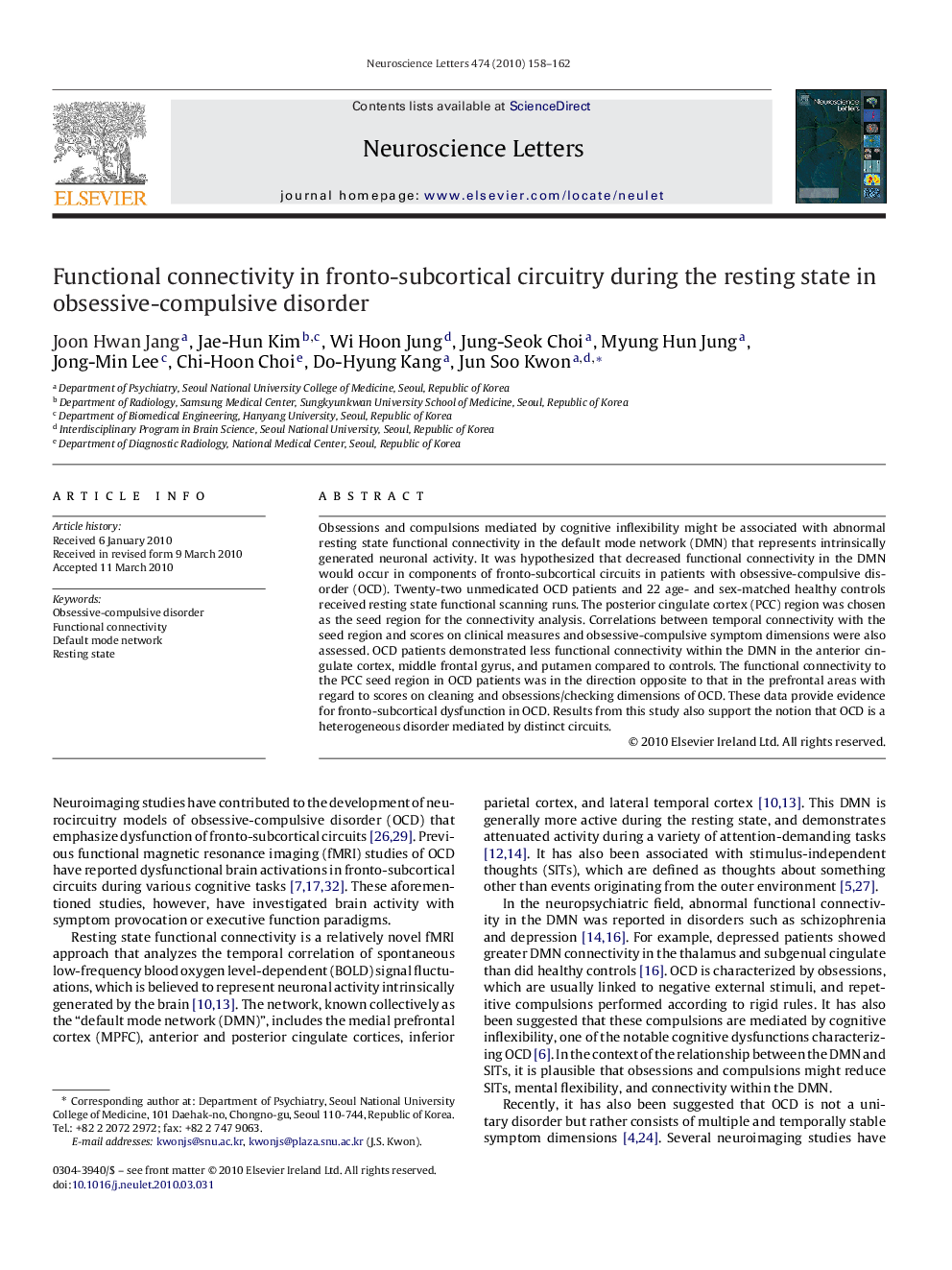 Functional connectivity in fronto-subcortical circuitry during the resting state in obsessive-compulsive disorder