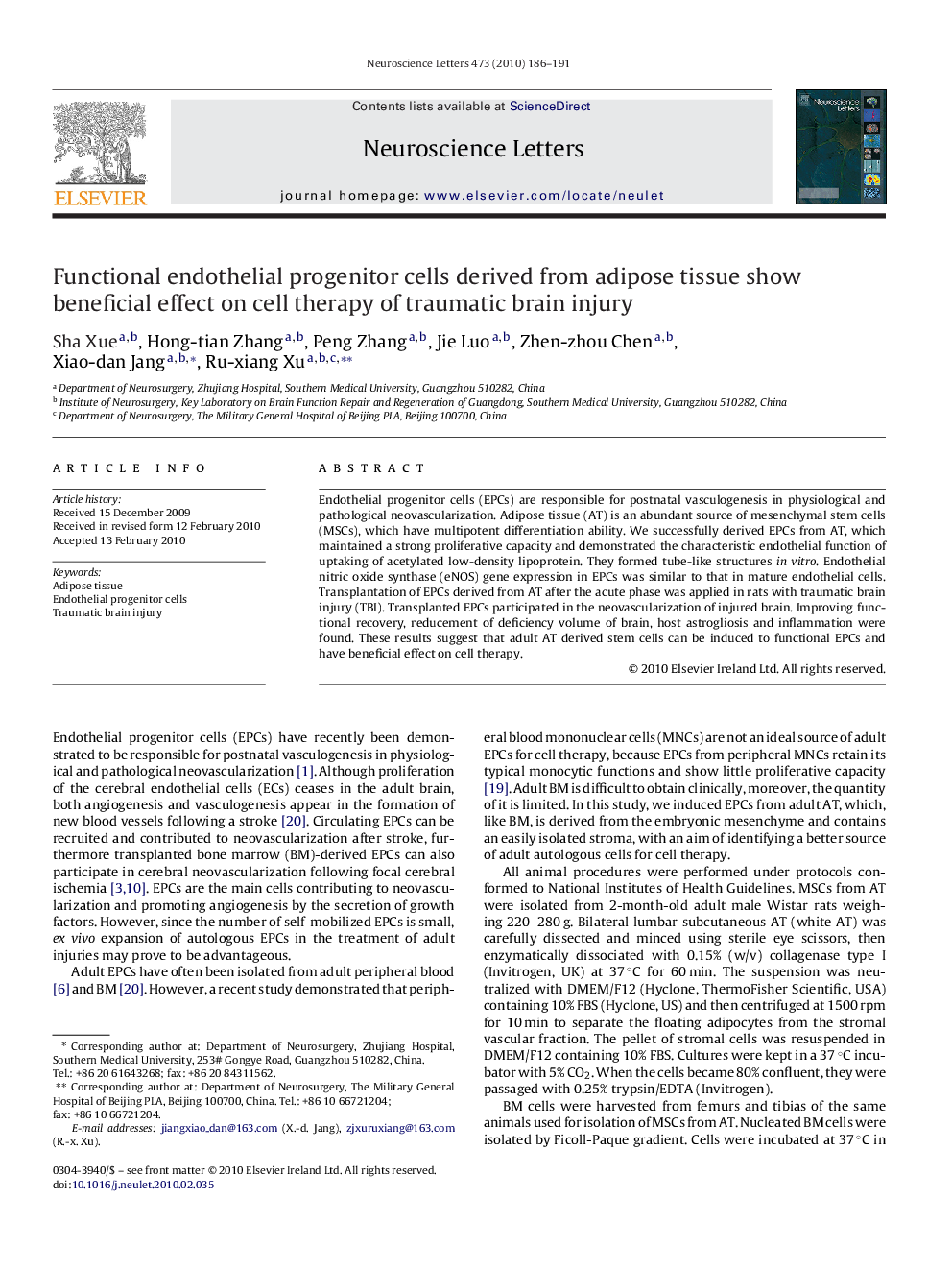 Functional endothelial progenitor cells derived from adipose tissue show beneficial effect on cell therapy of traumatic brain injury