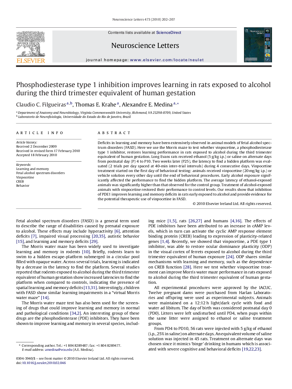 Phosphodiesterase type 1 inhibition improves learning in rats exposed to alcohol during the third trimester equivalent of human gestation