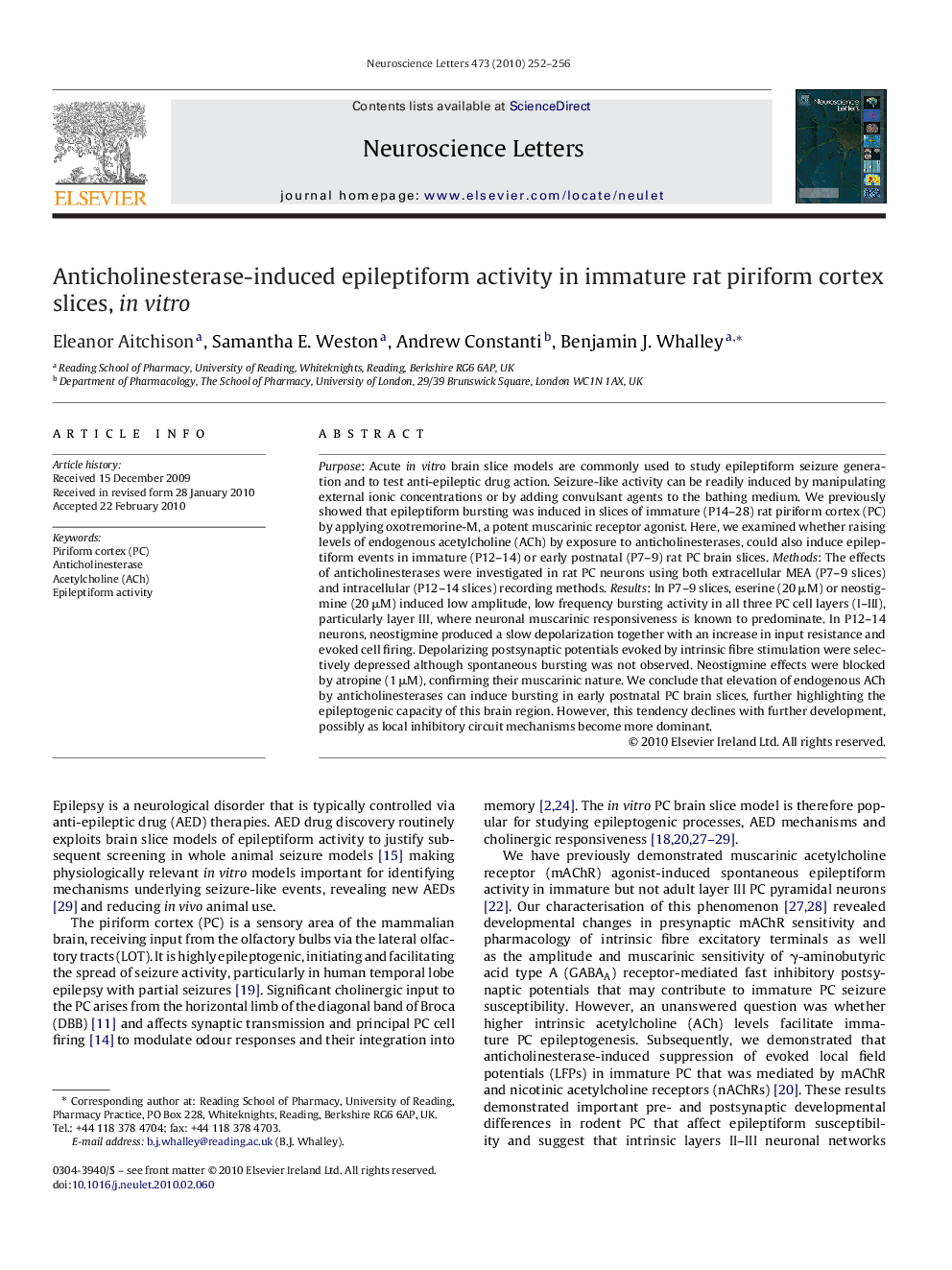 Anticholinesterase-induced epileptiform activity in immature rat piriform cortex slices, in vitro