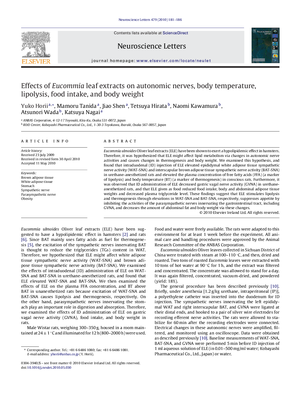 Effects of Eucommia leaf extracts on autonomic nerves, body temperature, lipolysis, food intake, and body weight