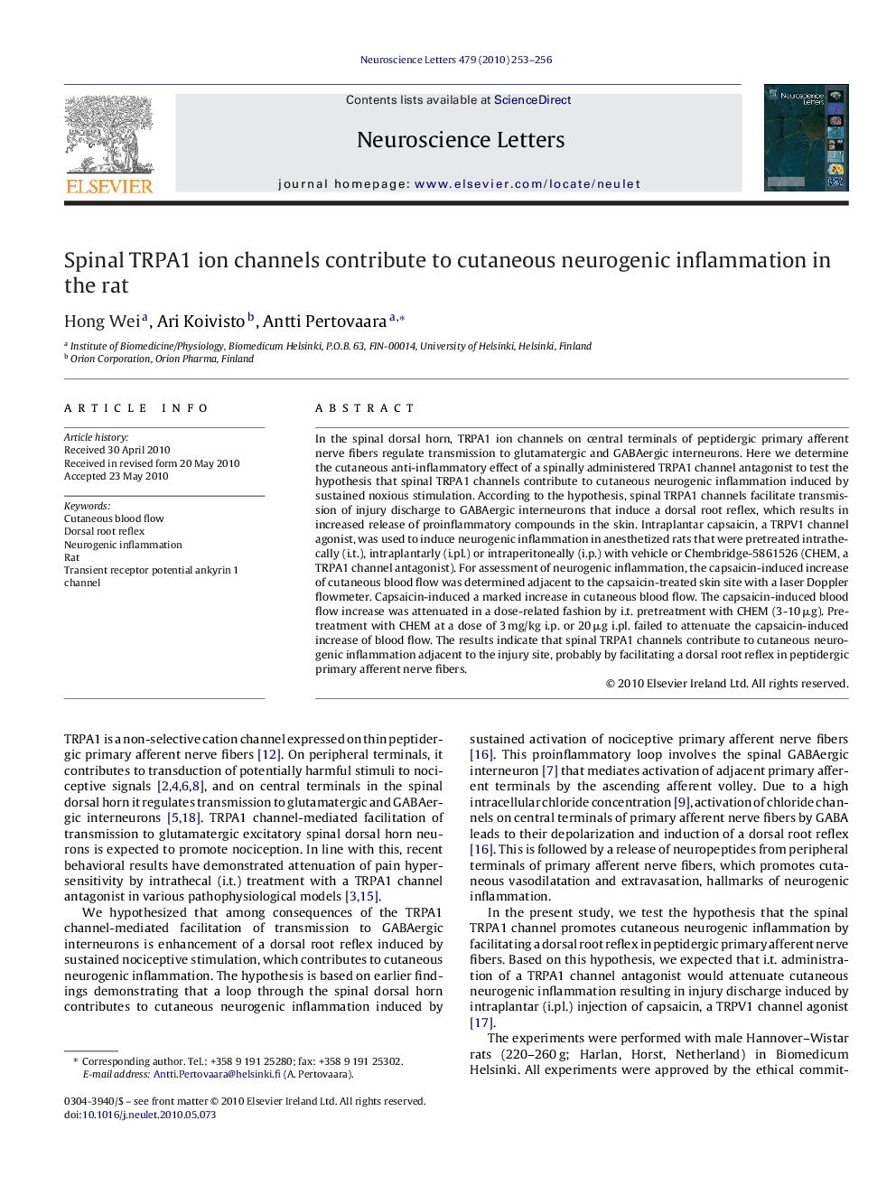 Spinal TRPA1 ion channels contribute to cutaneous neurogenic inflammation in the rat