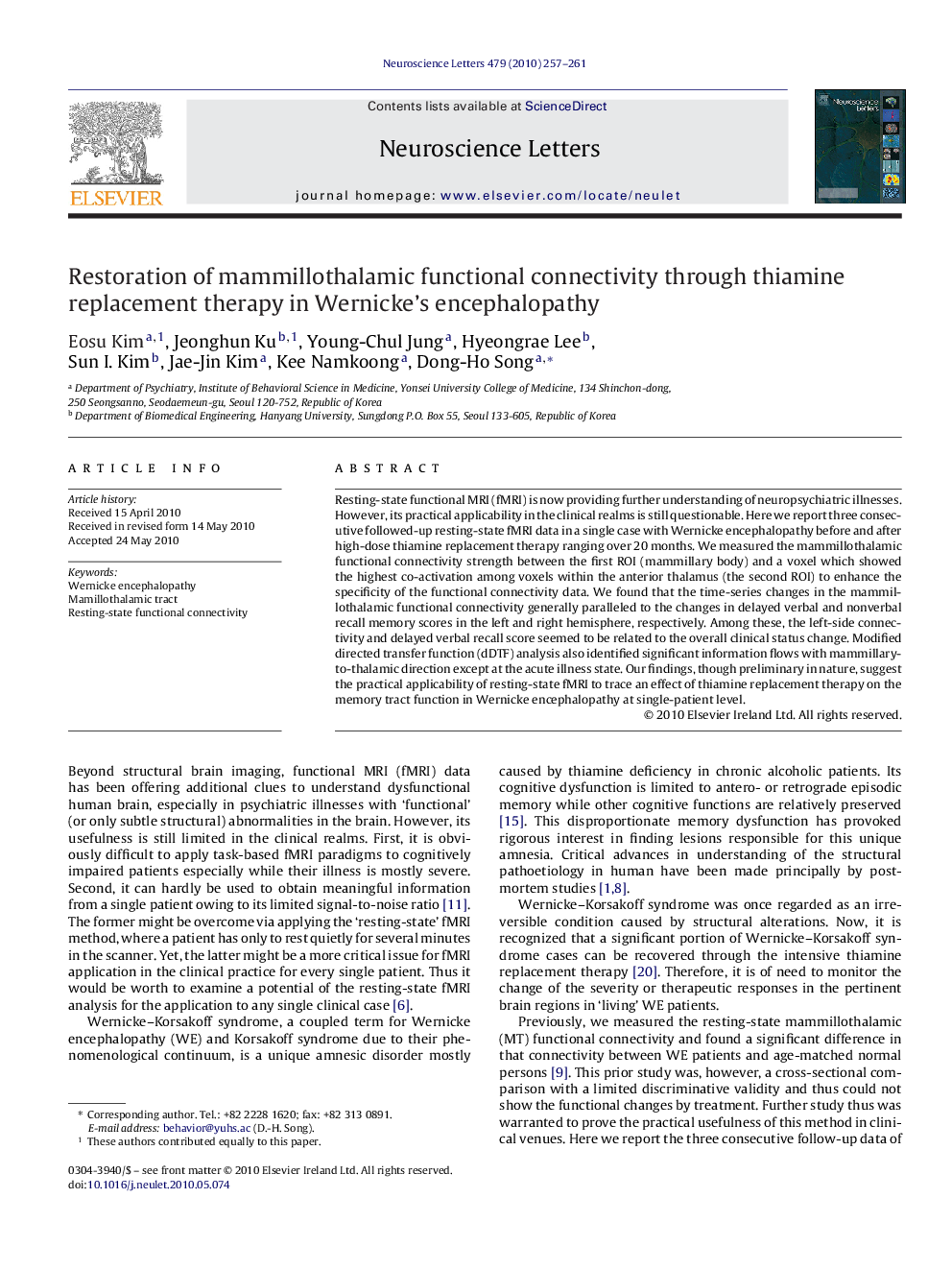 Restoration of mammillothalamic functional connectivity through thiamine replacement therapy in Wernicke's encephalopathy