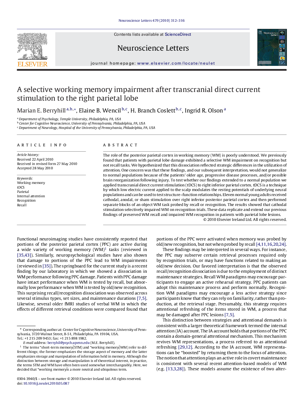 A selective working memory impairment after transcranial direct current stimulation to the right parietal lobe