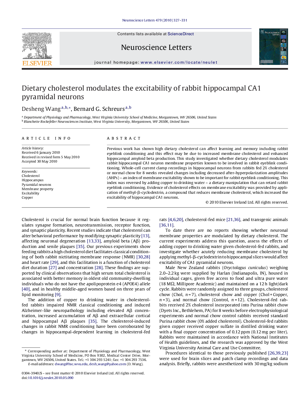 Dietary cholesterol modulates the excitability of rabbit hippocampal CA1 pyramidal neurons